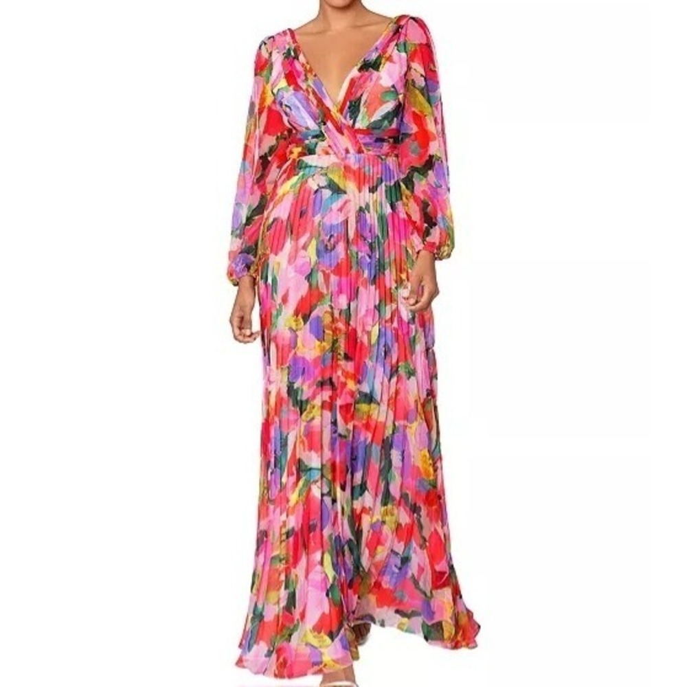 Betsy & Adam Printed V Neck Long Slit Sleeve Pleated A Line Dress Womens Size 6